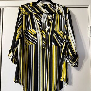 Black and Yellow 3/4 sleeve Chiffon Work Shirt